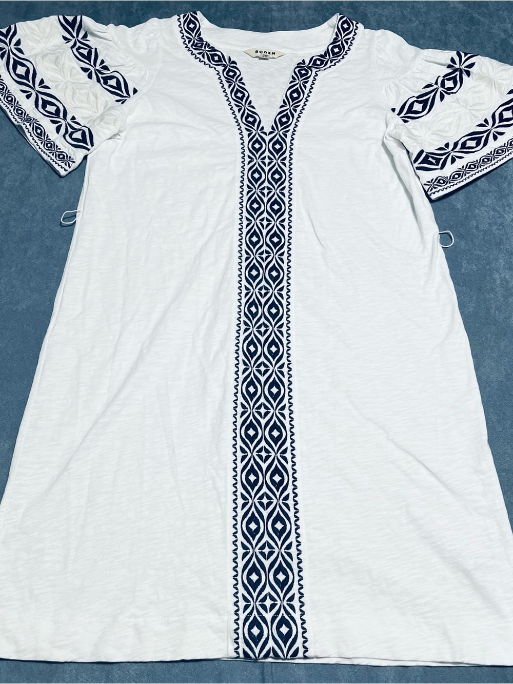 Boden Sz 8 Embroidered Mini Dress White Blue Cotton Nautical Beach Cruise NO TIE